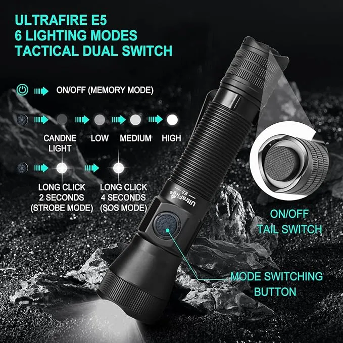 ULTRAFIRE E5 Tactical Flashlight Zoomable Rechargeable 1350 High Lumens Law Enforcement EDC Flashlight,6 Modes Dual Switches Small LED Torch for Patrolilng,Emergency