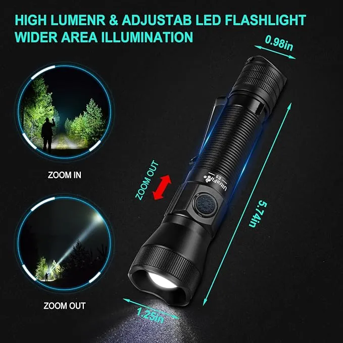 ULTRAFIRE E5 Tactical Flashlight Zoomable Rechargeable 1350 High Lumens Law Enforcement EDC Flashlight,6 Modes Dual Switches Small LED Torch for Patrolilng,Emergency