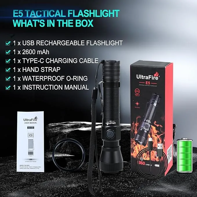 ULTRAFIRE E5 Tactical Flashlight Zoomable Rechargeable 1350 High Lumens Law Enforcement EDC Flashlight,6 Modes Dual Switches Small LED Torch for Patrolilng,Emergency