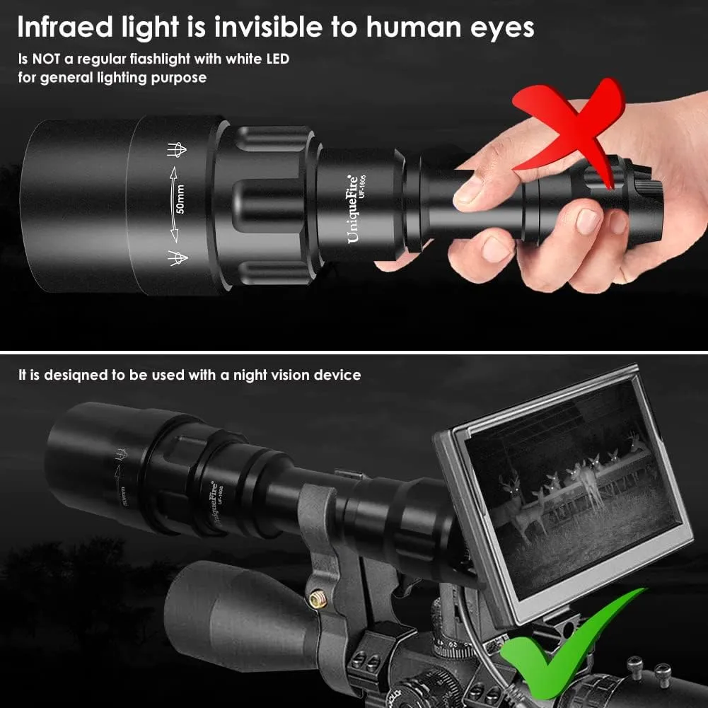 UniqueFire 850nm IR Illuminator Flashlight Lights for Night Vision, Zoomable LED Infrared Flashlight Light Rechargeable Illuminator with Rapid Focus & Dimmer Switch,Ships from Local U.S. Warehouse