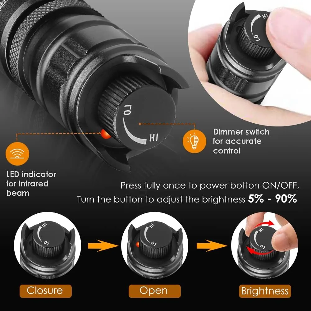 UniqueFire 850nm IR Illuminator Flashlight Lights for Night Vision,Fresnel Lens Zoomable Infrared Torch Light Rechargeable,Rapid Focus & Dimmer Switch,Exquisite Black Box Packaging Max Lighting 1000M