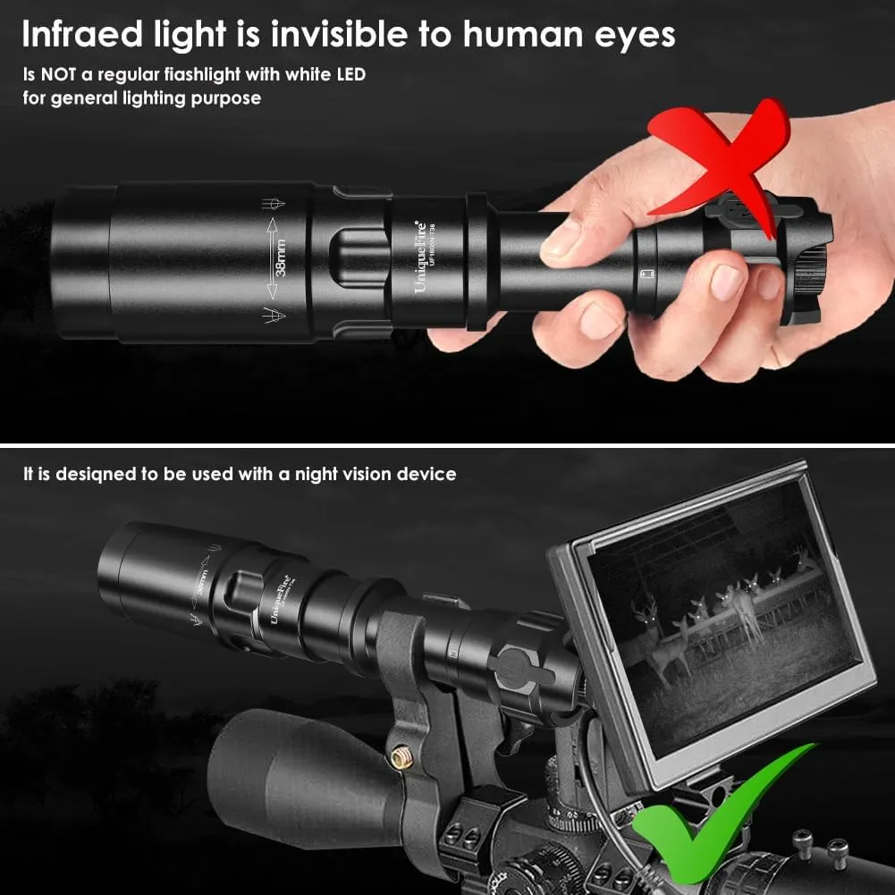 UniqueFire Upgrade 1605N T38 IR 940nm Illuminator LED Infrared USB Rechargeable Flashlight, Zoomable Tactical Torch Set, Rapid Focus & Dimmer Switch with LED Indicator, Lighting Up to 500M 