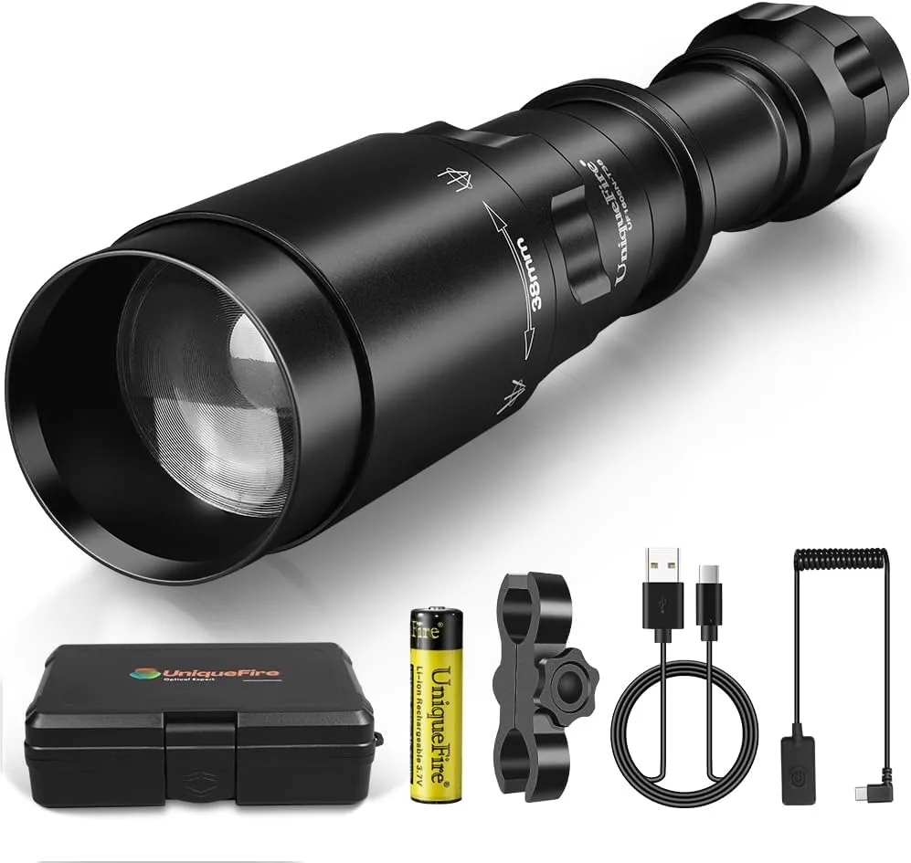 UniqueFire Upgrade 1605N T38 IR 940nm Illuminator LED Infrared USB Rechargeable Flashlight, Zoomable Tactical Torch Set, Rapid Focus & Dimmer Switch with LED Indicator, Lighting Up to 500M 