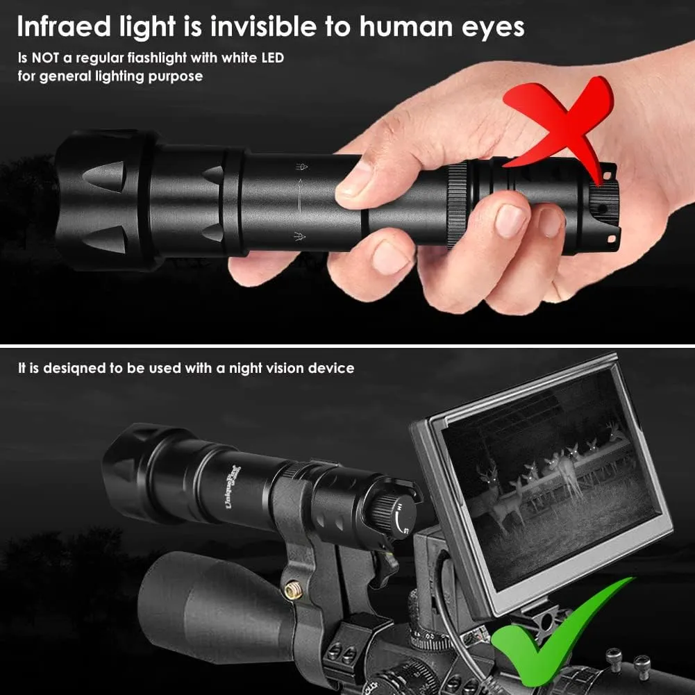 UniqueFire Vcsel 850nm / 940nm IR Illuminator Flashlight for Night Vision Scope,44mm Fresnel Lens Red/Green Hunting Illuminator Flashlight Light,Total 4 Pills/Charging Kit/Brackets