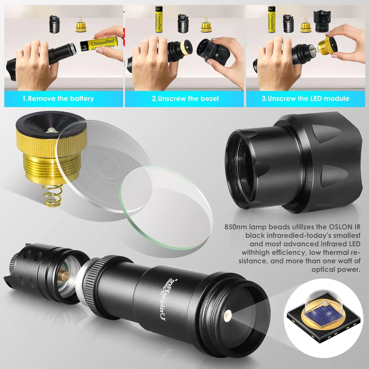 UniqueFire Vcsel 850nm / 940nm IR Illuminator Flashlight for Night Vision Scope,44mm Fresnel Lens Red/Green Hunting Illuminator Flashlight Light,Total 4 Pills/Charging Kit/Brackets