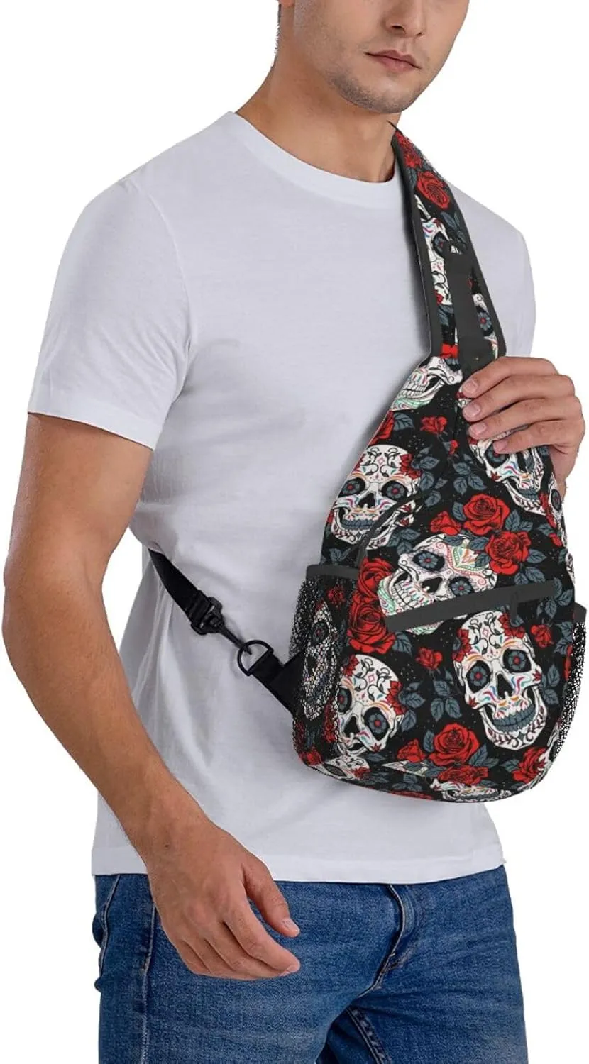Unisex Crossbody Sling Backpack Travel Hiking Daypack Crossbody Bag for Women Men Black Skull Rose