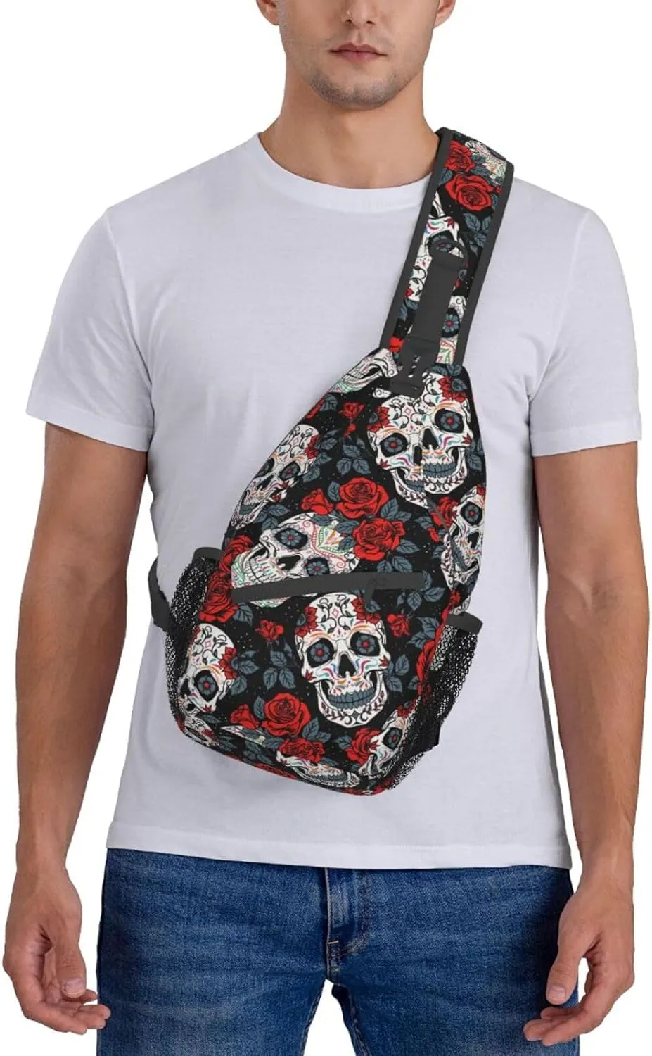 Unisex Crossbody Sling Backpack Travel Hiking Daypack Crossbody Bag for Women Men Black Skull Rose