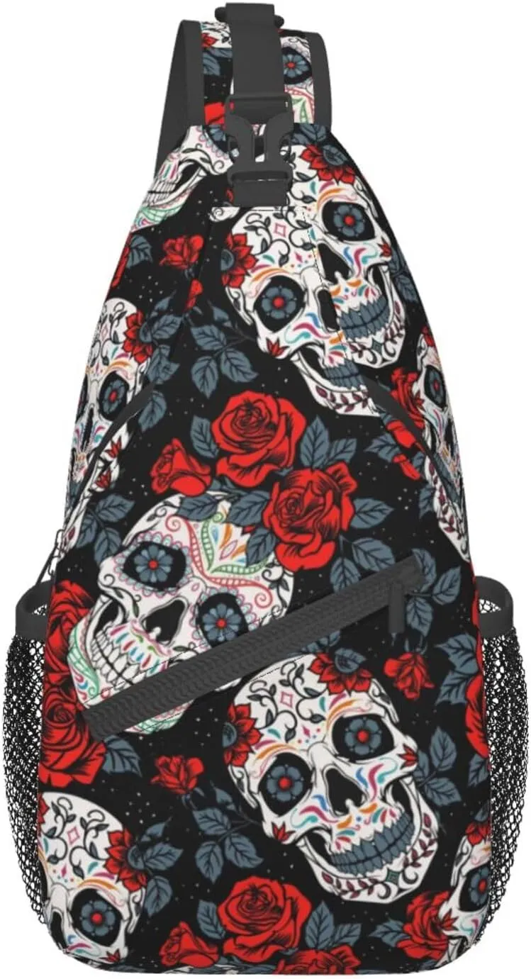Unisex Crossbody Sling Backpack Travel Hiking Daypack Crossbody Bag for Women Men Black Skull Rose