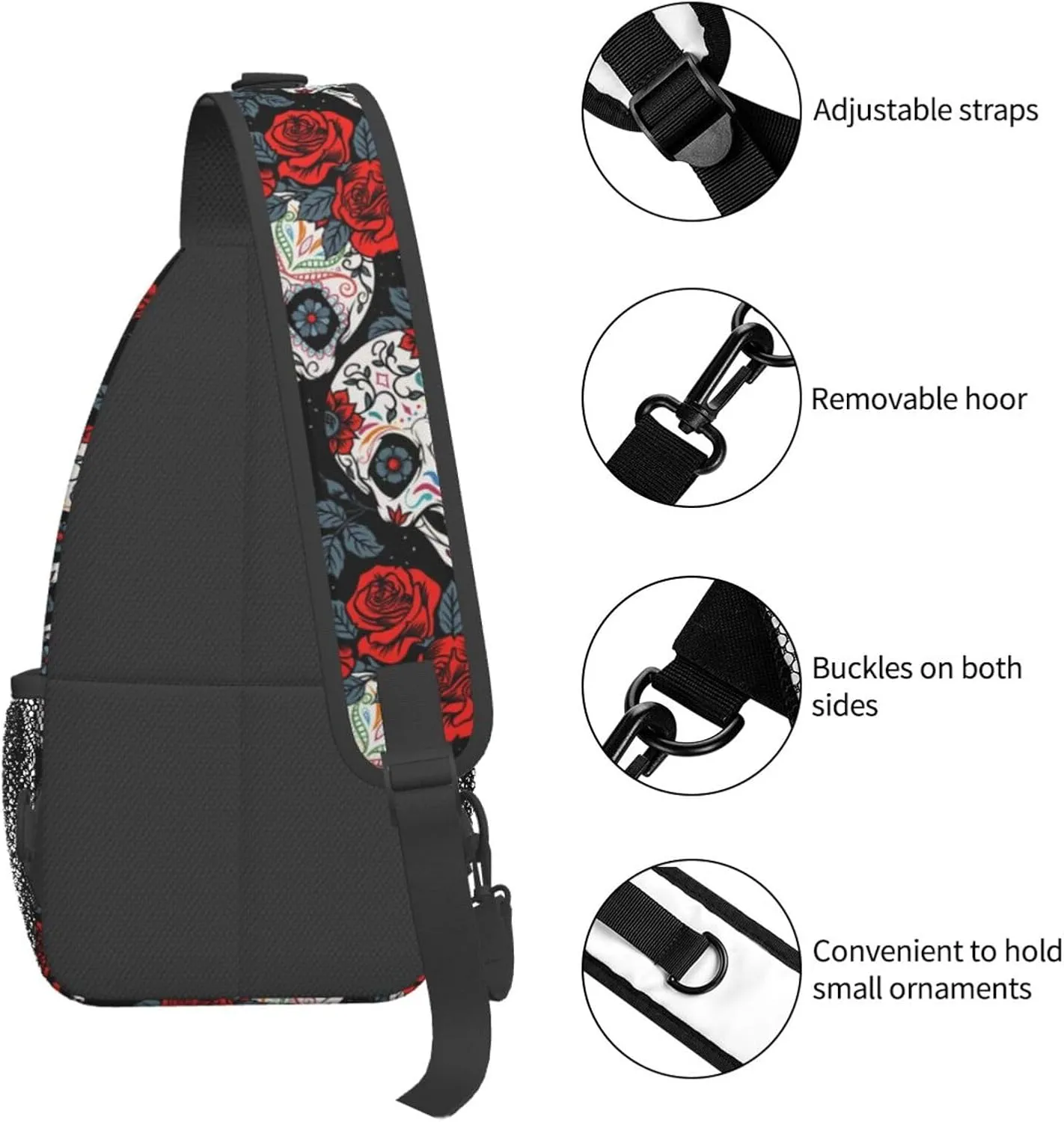 Unisex Crossbody Sling Backpack Travel Hiking Daypack Crossbody Bag for Women Men Black Skull Rose