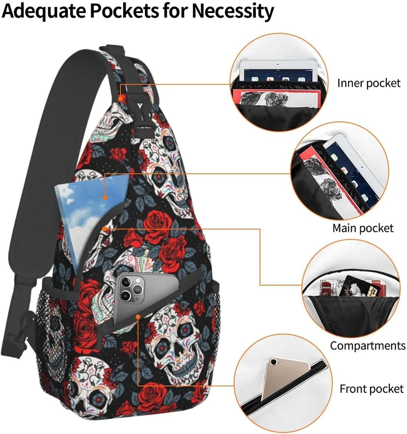 Unisex Crossbody Sling Backpack Travel Hiking Daypack Crossbody Bag for Women Men Black Skull Rose
