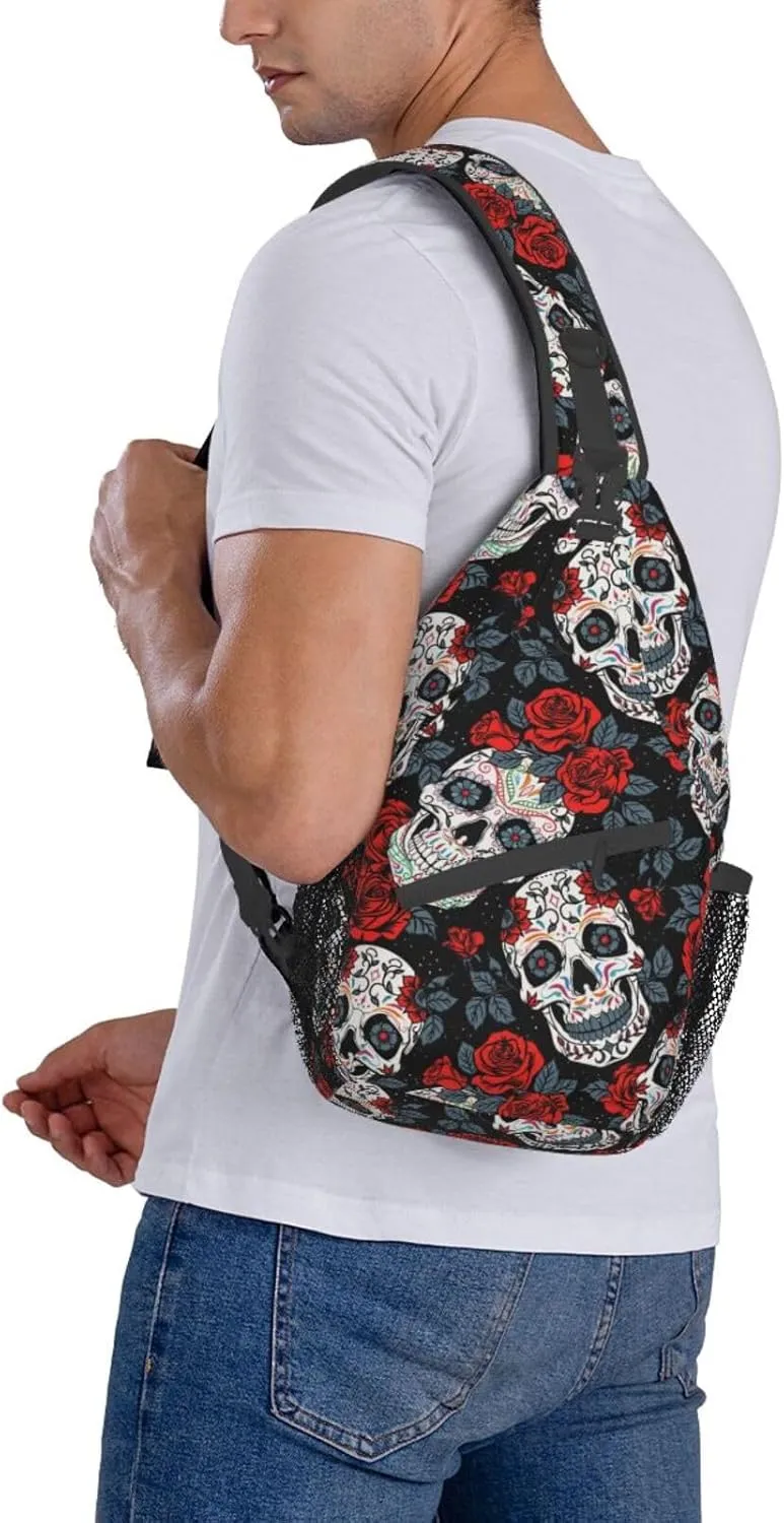 Unisex Crossbody Sling Backpack Travel Hiking Daypack Crossbody Bag for Women Men Black Skull Rose