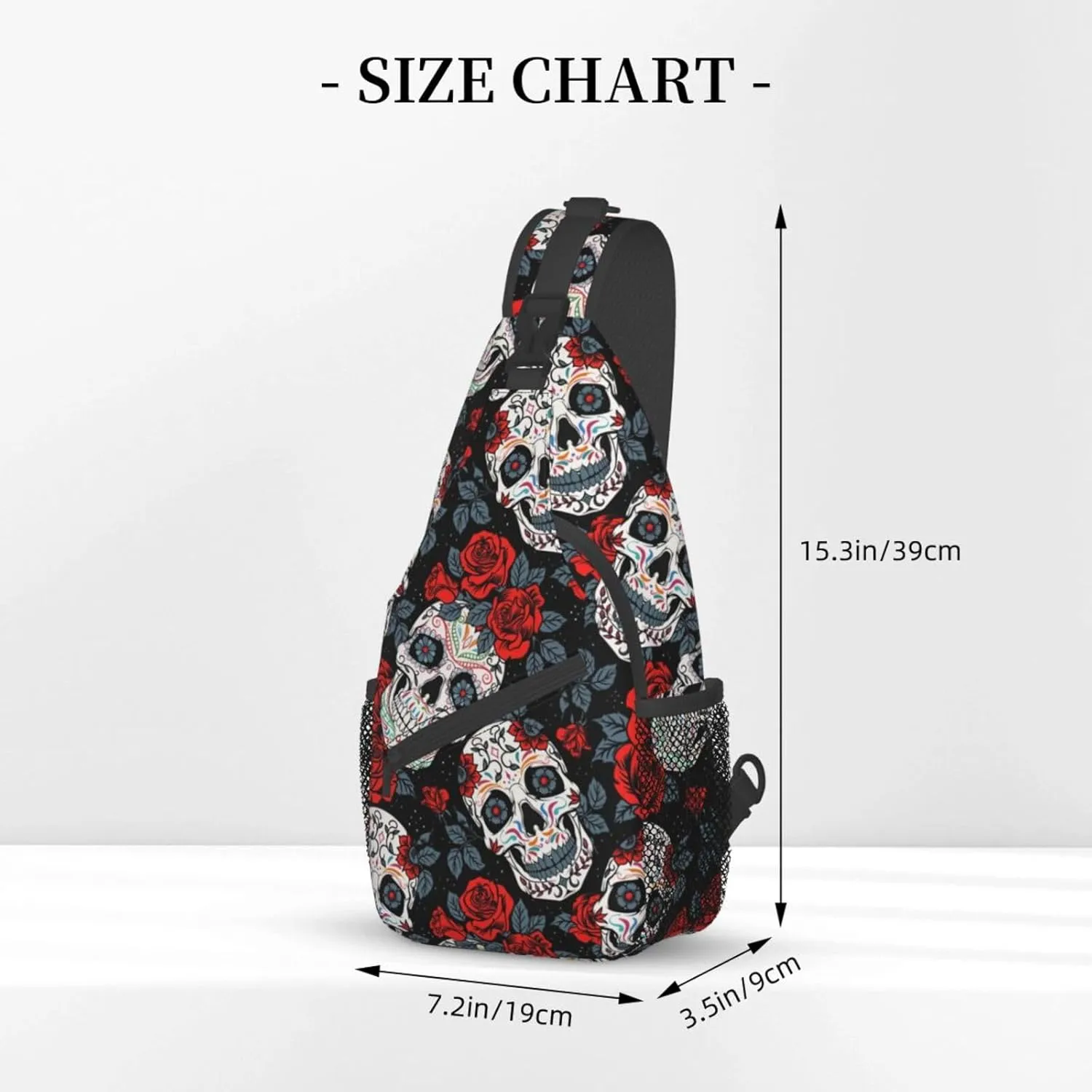 Unisex Crossbody Sling Backpack Travel Hiking Daypack Crossbody Bag for Women Men Black Skull Rose