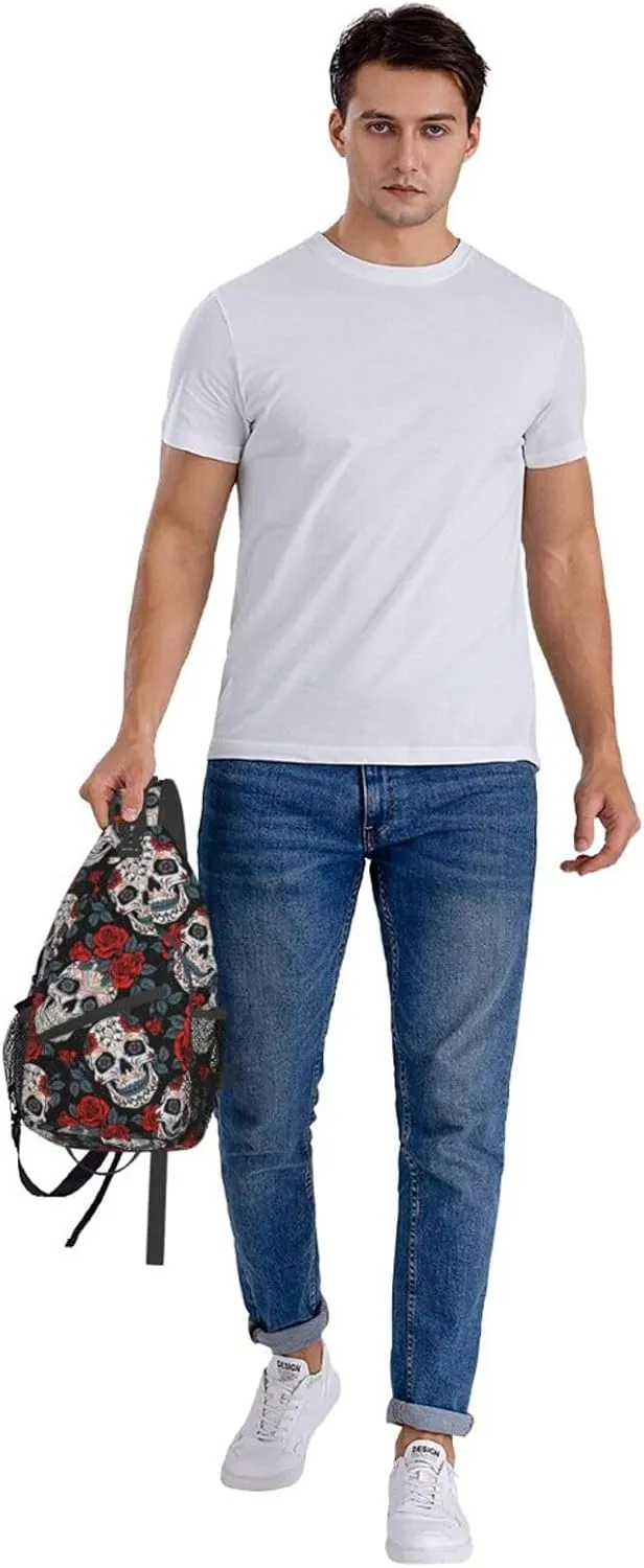 Unisex Crossbody Sling Backpack Travel Hiking Daypack Crossbody Bag for Women Men Black Skull Rose