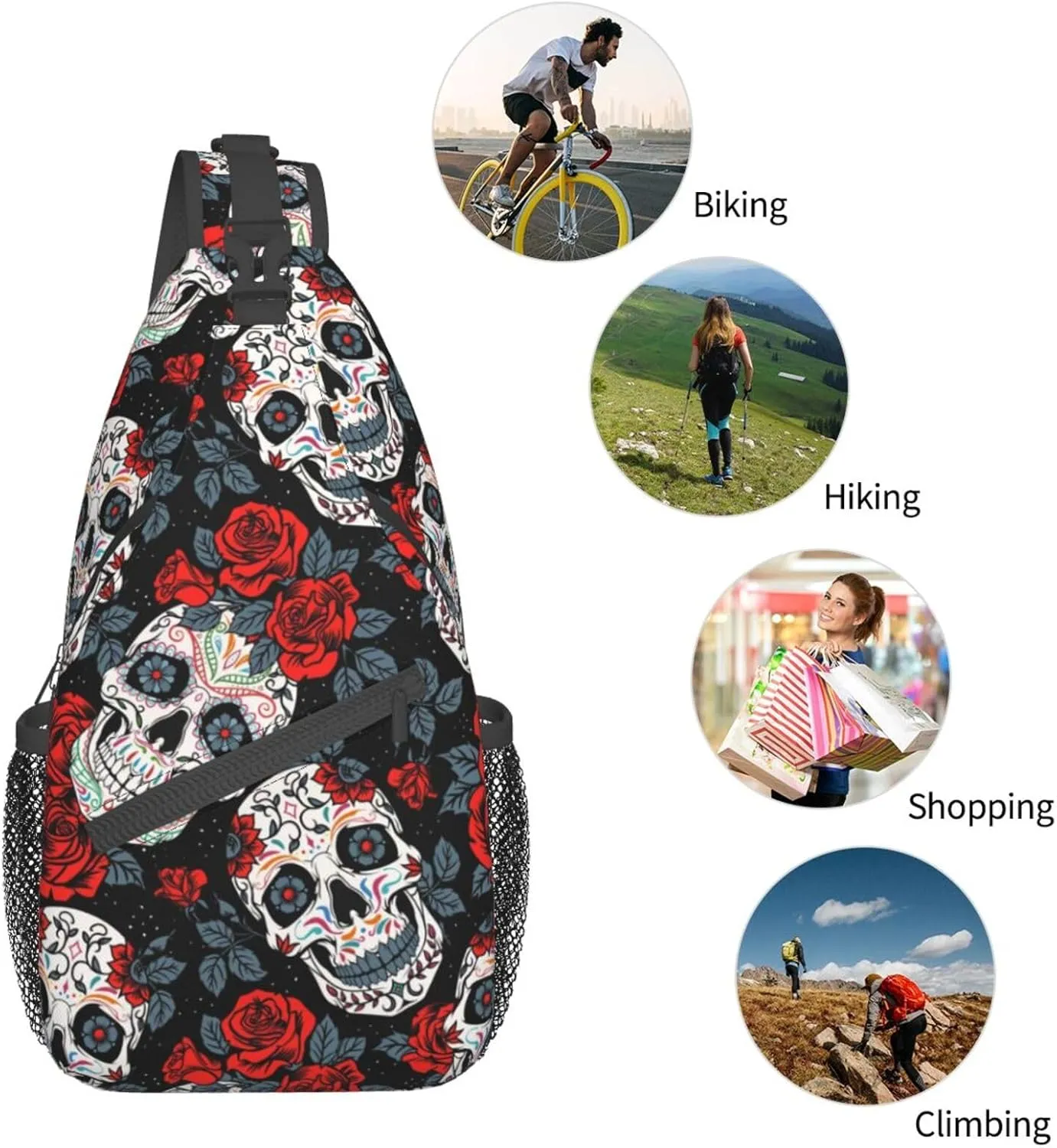 Unisex Crossbody Sling Backpack Travel Hiking Daypack Crossbody Bag for Women Men Black Skull Rose