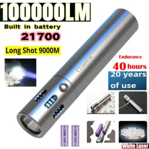 Updated High-grade Stainless Steel 100000Lumens White Laser Tactical Flashlight With 2Pcs 21700 Tesla Li-ion Battery 40 Hours High Endurance 20 Years of Use