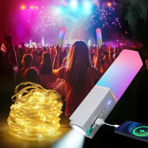 Upgraded 4-in-1 Rechargeable Camping String Lights with Hook,3600mAh Power Bank for Phone Charger,Waterproof,3 Switch,Handheld USB Flashlight,RGBW LED Concert Light Stick,Outdoor Lights for RV Tent