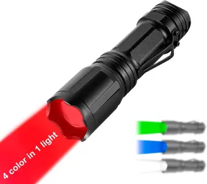 Upgraded Zoomable Red Flashlight, 4 Color in 1 Flash Light, Green Red Blue White Multi-Color RGBW Led with Memory for Night Vision, Fishing, Astronomy(Batteries Not Included)