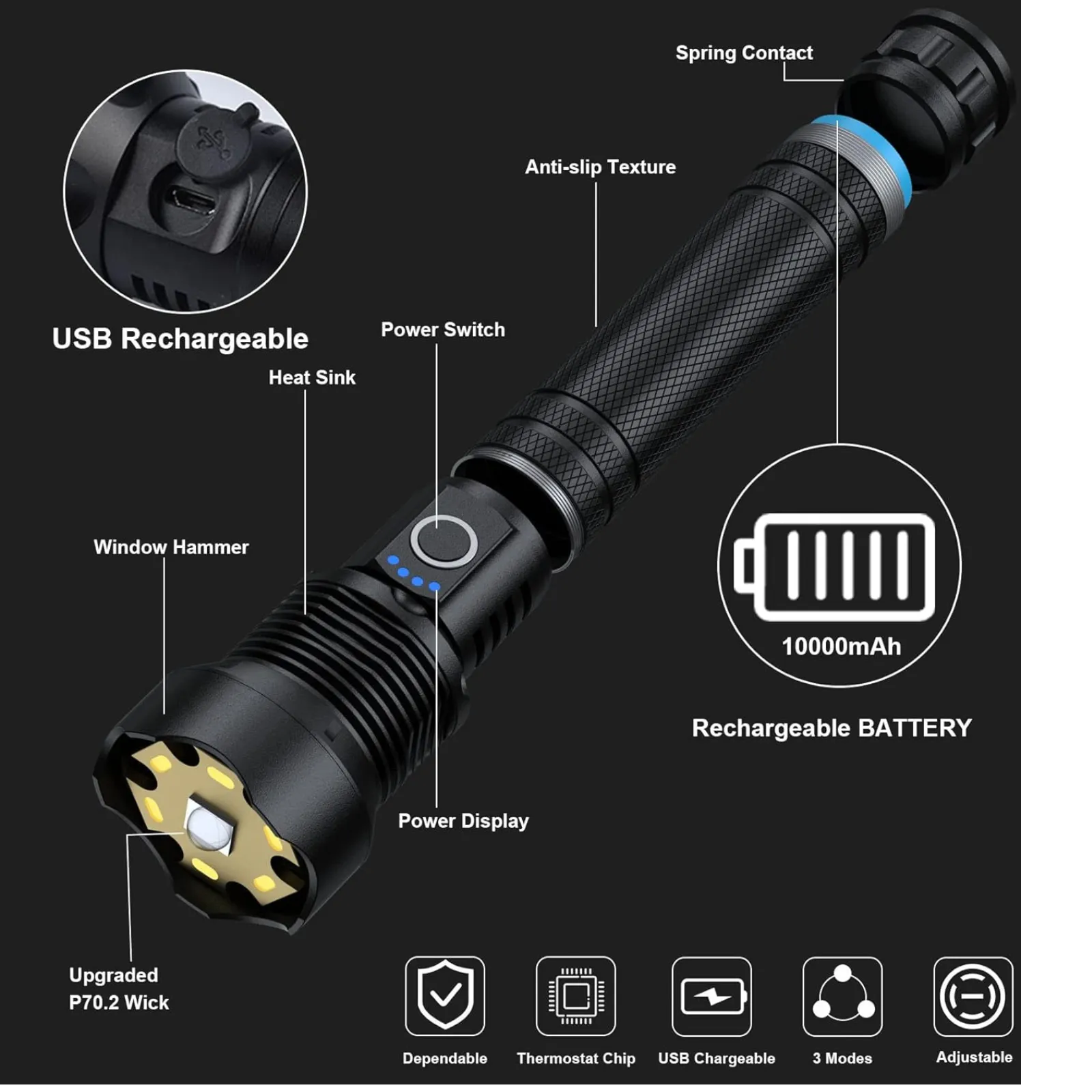 USB Rechargeable Flashlight XHP90 High Power 2500000LM Super Bright Torch