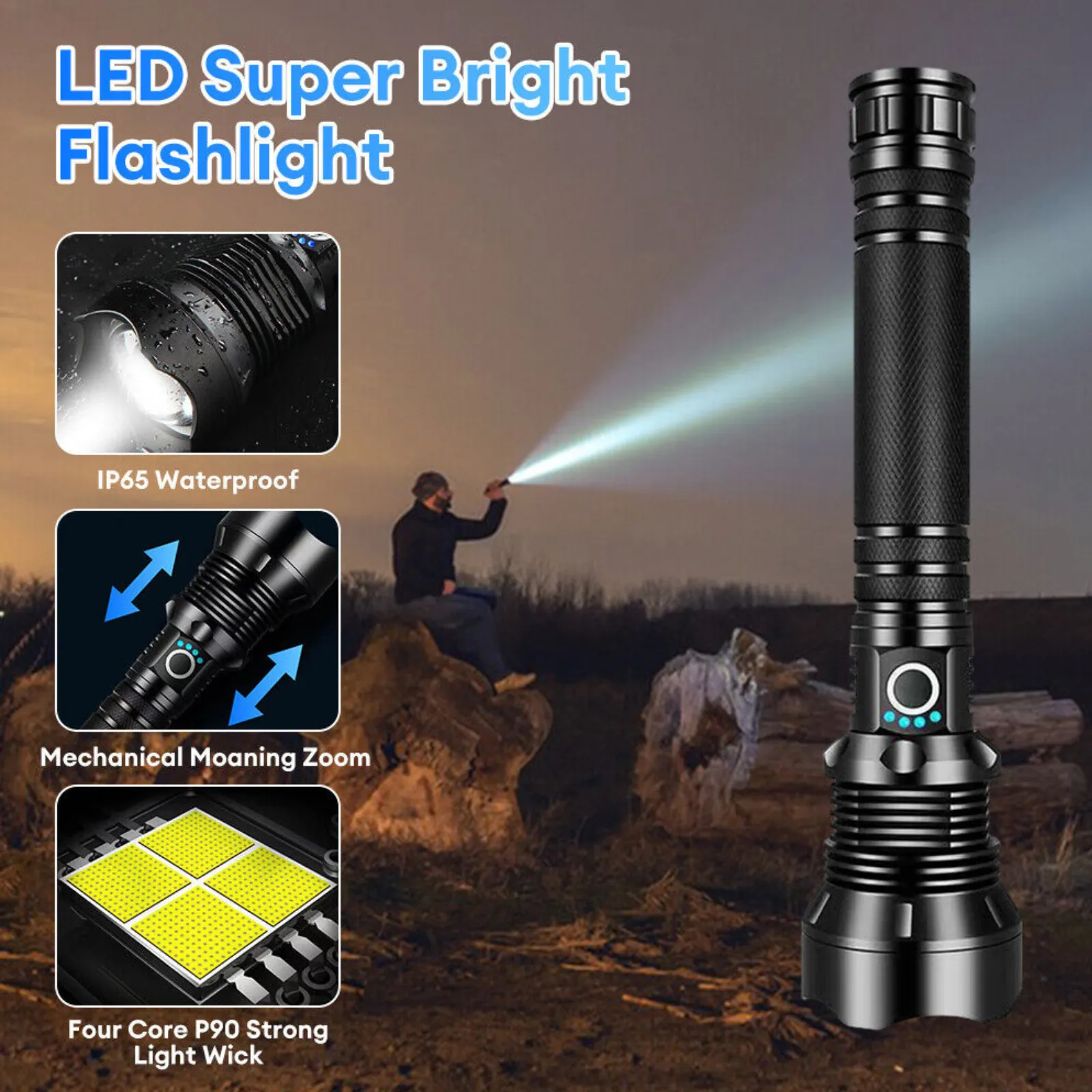 USB Rechargeable Flashlight XHP90 High Power 2500000LM Super Bright Torch