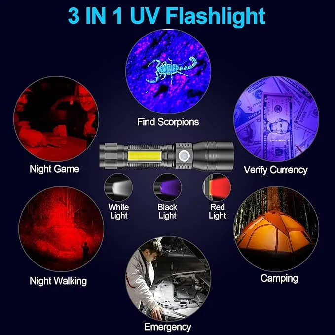 UV Flashlight Black Light, 2 Pack 3 in 1 Super Bright Small Rechargeable Flashlights 1200 High Lumens, Waterproof Magnetic LED Flashlight, 7 Modes Pocket Flash Light for Pet Urine Detection