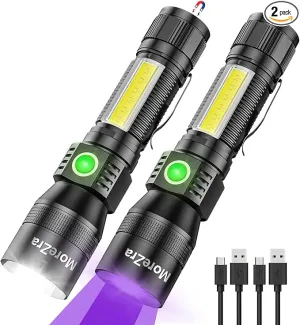 UV Flashlight Black Light, 2 Pack 3 in 1 Super Bright Small Rechargeable Flashlights 1200 High Lumens, Waterproof Magnetic LED Flashlight, 7 Modes Pocket Flash Light for Pet Urine Detection
