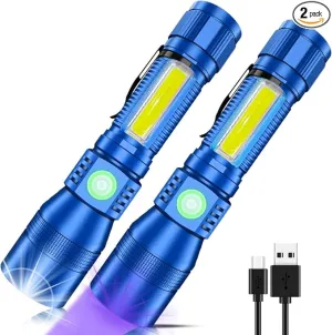 UV Flashlight Black Light, 2-Pack USB Rechargeable Blacklight Flashlight with Magnetic - 1000lm, Side Work Light, 7 Modes, Zoomable, Waterproof – LED Torch for Mechanics Pet Urine Stains Detector