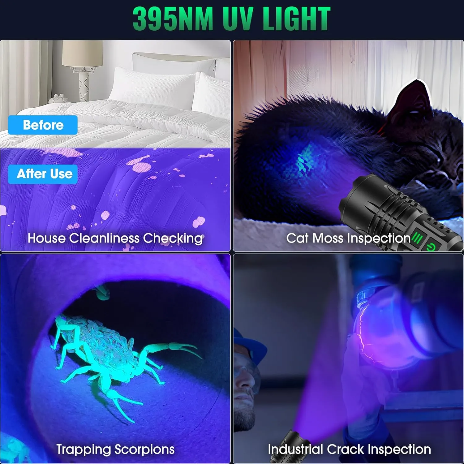 UV&High Lumens Flashlight Rechargeable, 2-in-1 Powerful Blacklight LED Flashlight Tactical 6 Modes Super Bright Waterproof Zoomable Detector for Pet Urine Curing Resin Camping Emergencies (2 Pack)