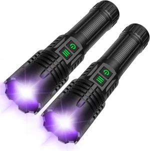 UV&High Lumens Flashlight Rechargeable, 2-in-1 Powerful Blacklight LED Flashlight Tactical 6 Modes Super Bright Waterproof Zoomable Detector for Pet Urine Curing Resin Camping Emergencies (2 Pack)