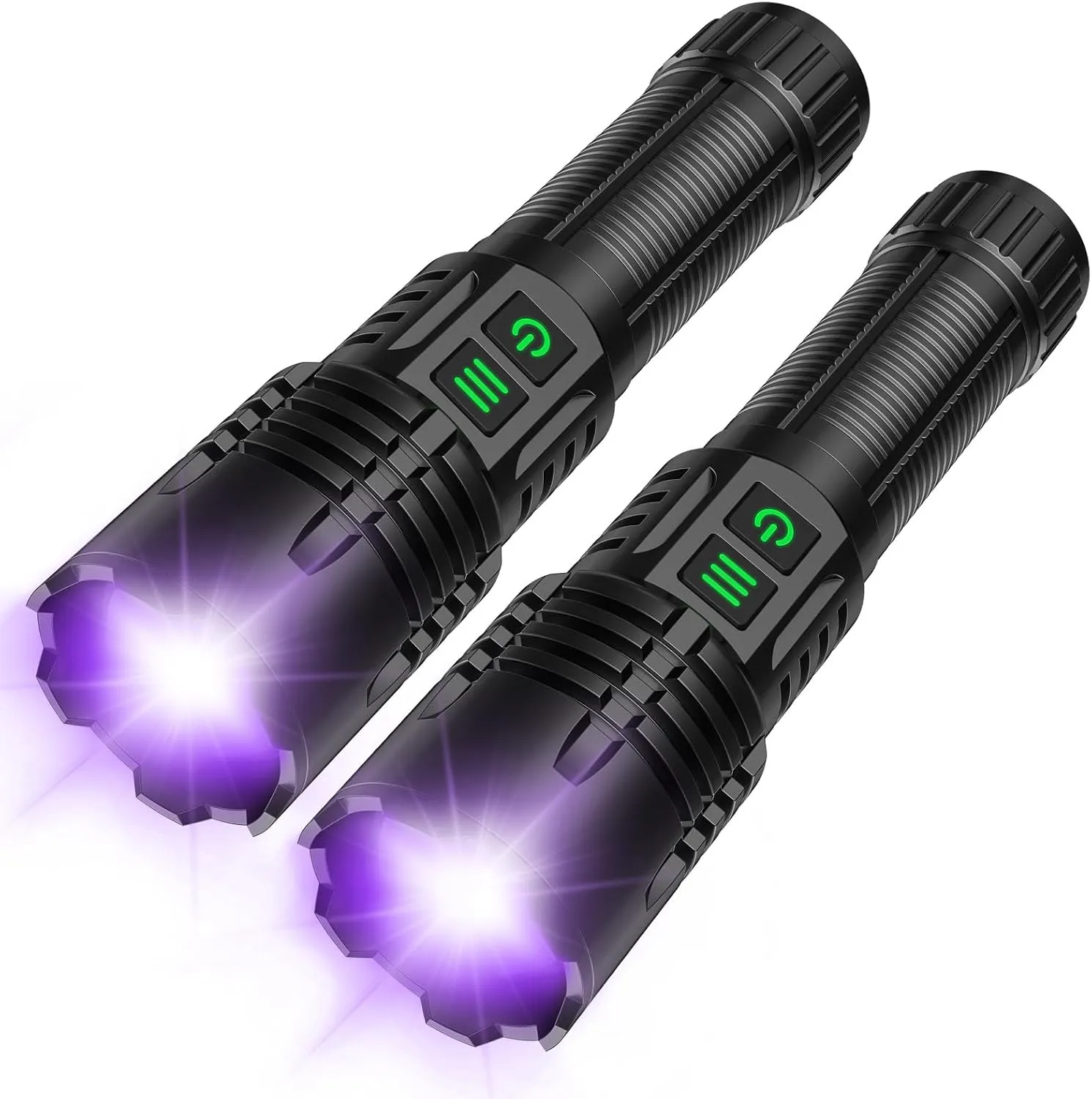 UV&High Lumens Flashlight Rechargeable, 2-in-1 Powerful Blacklight LED Flashlight Tactical 6 Modes Super Bright Waterproof Zoomable Detector for Pet Urine Curing Resin Camping Emergencies (2 Pack)