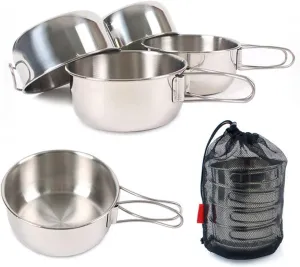 VALINK Folding Bowls Set 4Pcs/Set 650ml Stainless Steel Bowls, Portable Multi-Purpose Folding Combination Tableware Cooker Pot Set for Outdoor Picnic Camping Barbecue Travel