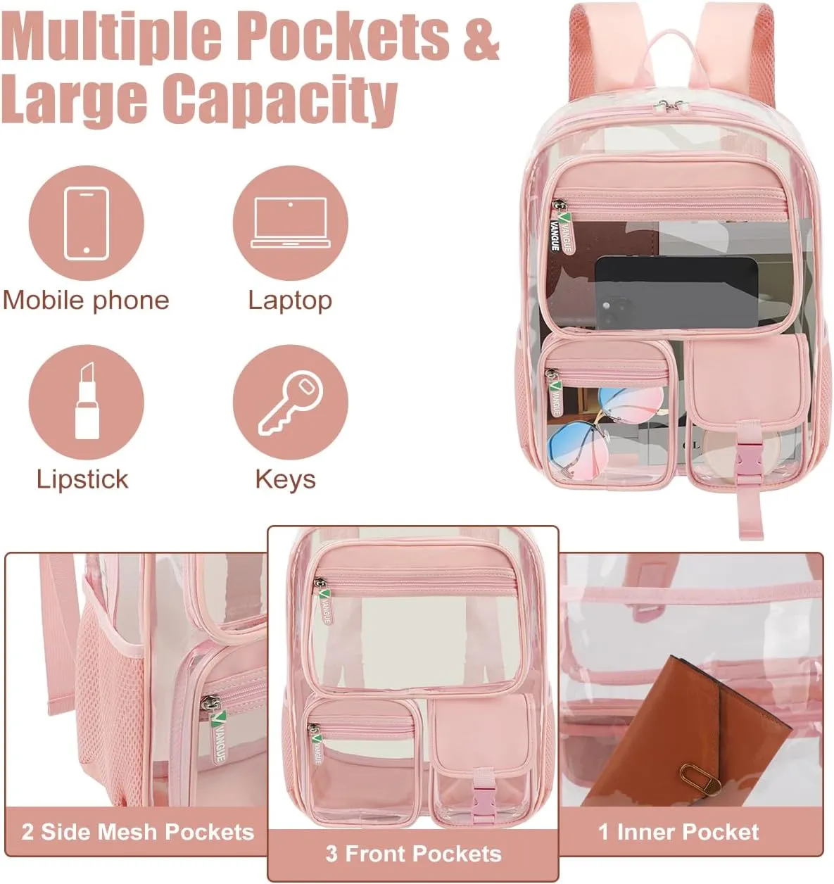 Vangue Clear Backpack Stadium Approved Heavy Duty Clear Bookbag with Padded Straps for Sport Events