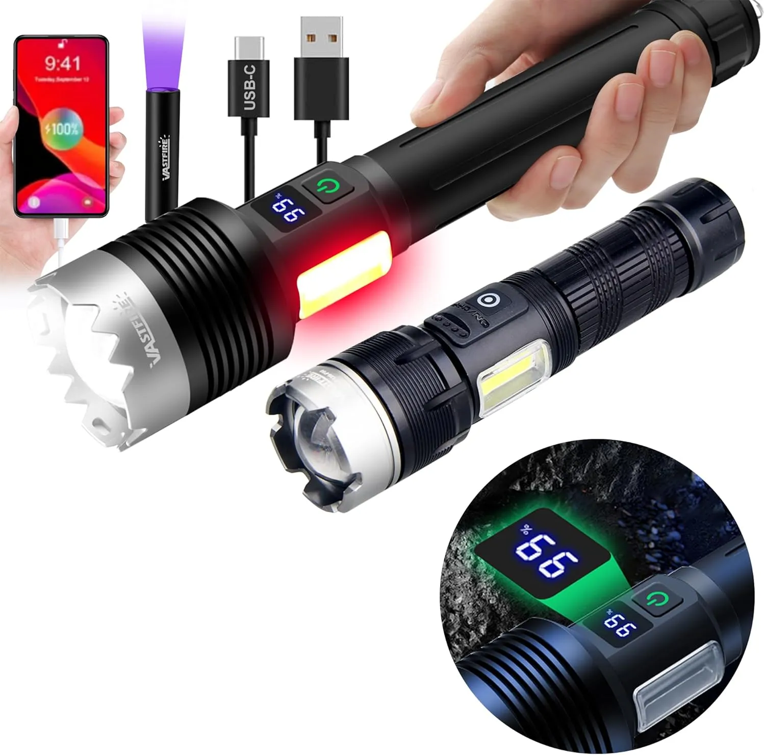 VASTFIRE Ultra Bright Rechargeable LED Flashlight - High Lumens, Long-Lasting, Portable, Waterproof, Zoomable, Tactical, Camping & Emergency Use, Hiking, Water Resistant, Battery Operated, Durable