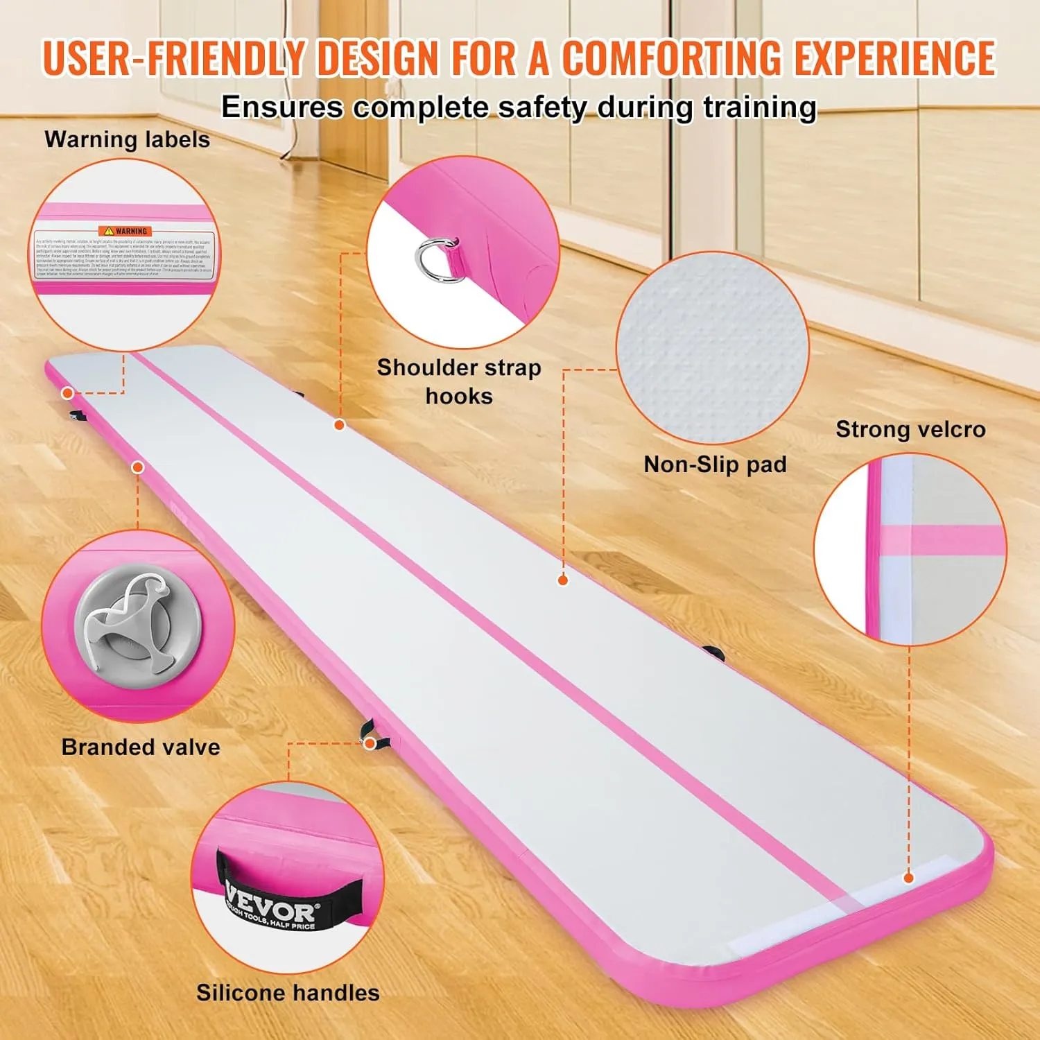 VEVOR Gymnastics Air Mat, Inflatable Track with Electric Pump, Training Mats for Home Use/Gym/Yoga/Cheerleading/Beach/Park/Water