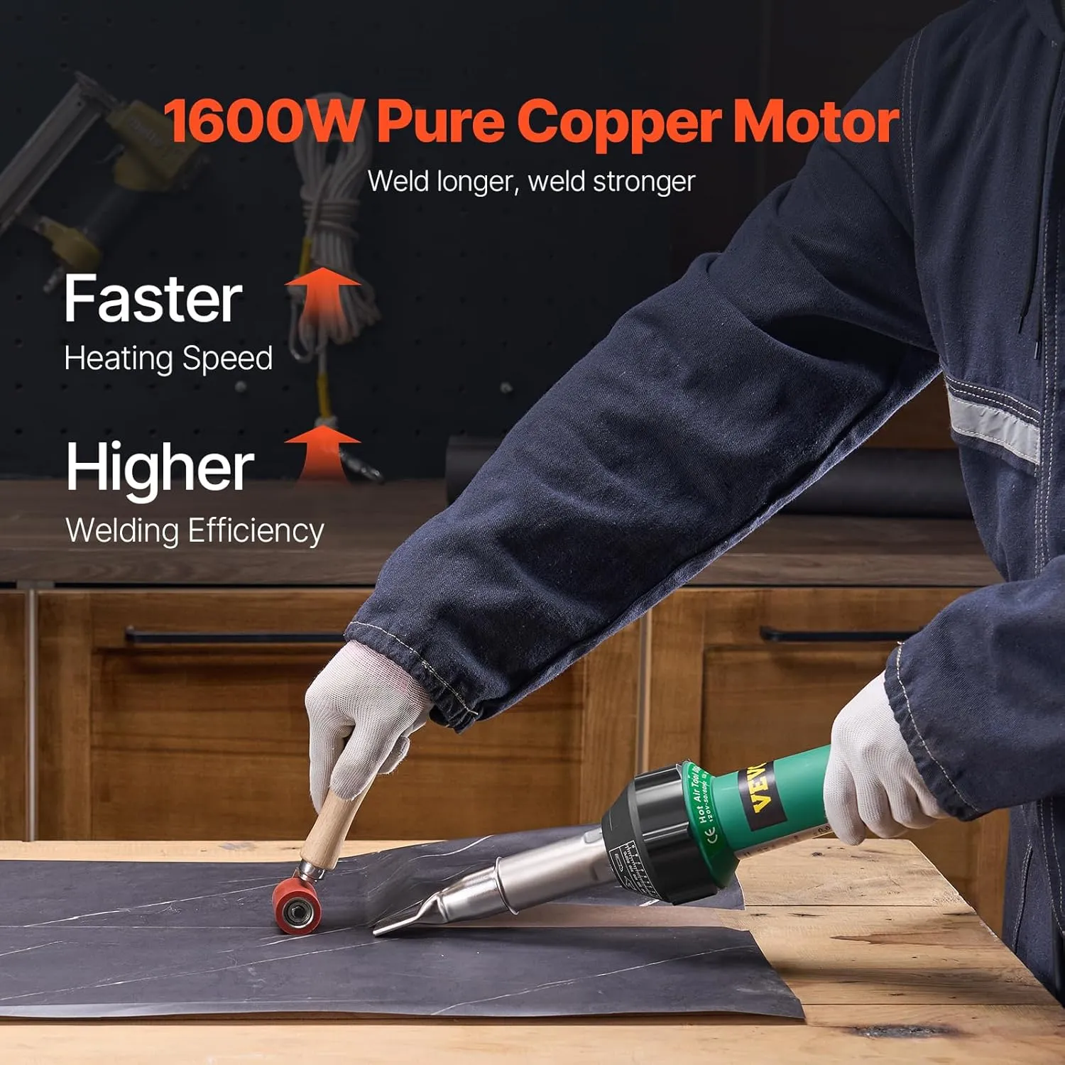 VEVOR Hot Air Plastic Welder, 1600W Hot Air Torch Pistol, 122-1112℉ PVC TPO Vinyl Heat Gun Welding Torch, Plastic Roofing Welding Kit with 17 Accessories- Toolbox, Nozzle, Roller, Blades for PP/PE/PVC