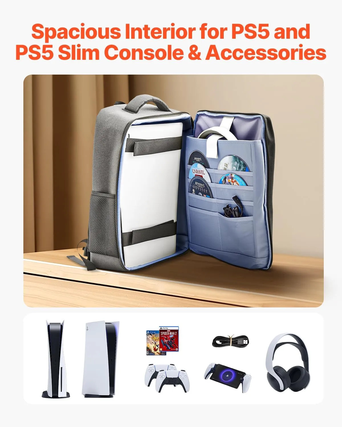 VEVOR PS5 Backpack, Dual Shoulder Travel Bag for Playstation 5 & PS5 Slim Waterproof Nylon, Soft Interior Lining & Padded Dividers for Extra Protection, Spacious Design with Carry Handle for Storage