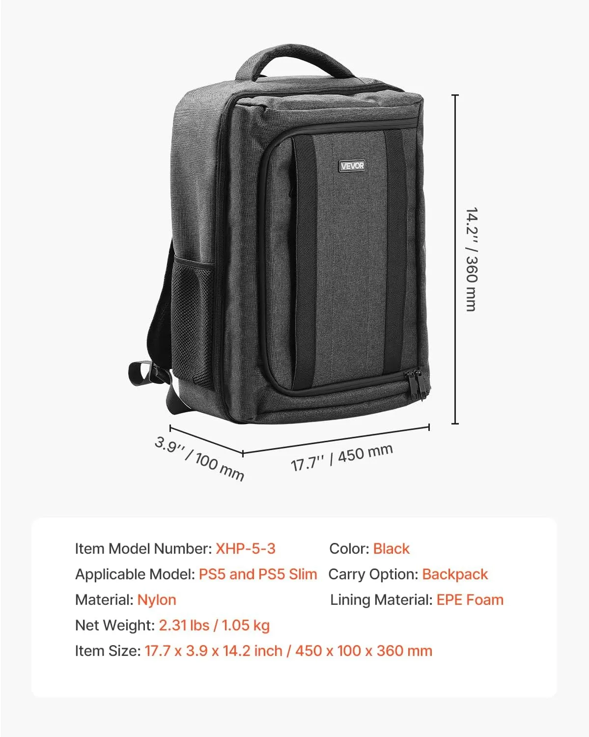 VEVOR PS5 Backpack, Dual Shoulder Travel Bag for Playstation 5 & PS5 Slim Waterproof Nylon, Soft Interior Lining & Padded Dividers for Extra Protection, Spacious Design with Carry Handle for Storage