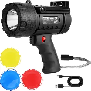 VEVOR Rechargeable Spotlight Flashlight, 200,000 Lumens, IP67 Waterproof Handheld LED Spot Light, Super Bright Portable Searchlight with 4 Modes Detachable Lens USB Port, for Hunting Boating Camping
