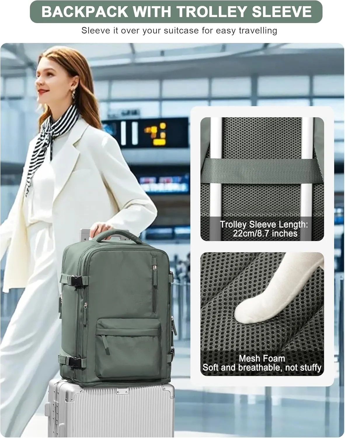 VGCUB Carry on Travel Backpack for Women Men Large Laptop Gym Work Frontier Airlines Personal Item Bag Business Airport Lightweight Backpack Flight Approved Mochilas de Viaje Green