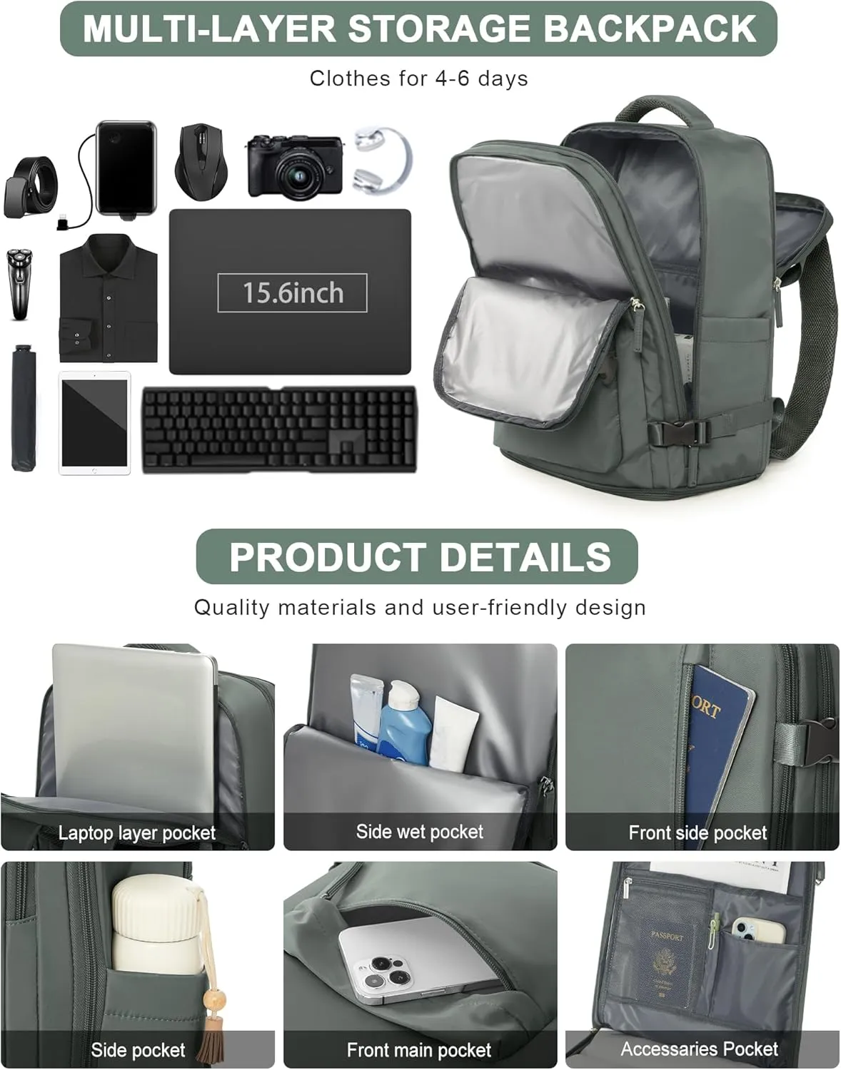 VGCUB Carry on Travel Backpack for Women Men Large Laptop Gym Work Frontier Airlines Personal Item Bag Business Airport Lightweight Backpack Flight Approved Mochilas de Viaje Green