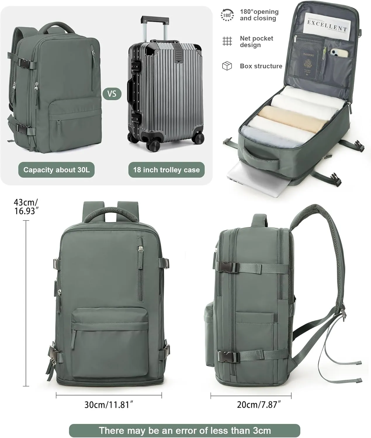 VGCUB Carry on Travel Backpack for Women Men Large Laptop Gym Work Frontier Airlines Personal Item Bag Business Airport Lightweight Backpack Flight Approved Mochilas de Viaje Green