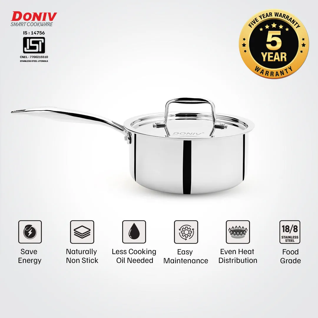 Vinod – Doniv Titanium Triply Stainless Steel Sauce Pan with Cover 14 cm, Capacity 1 Liter, Induction Friendly