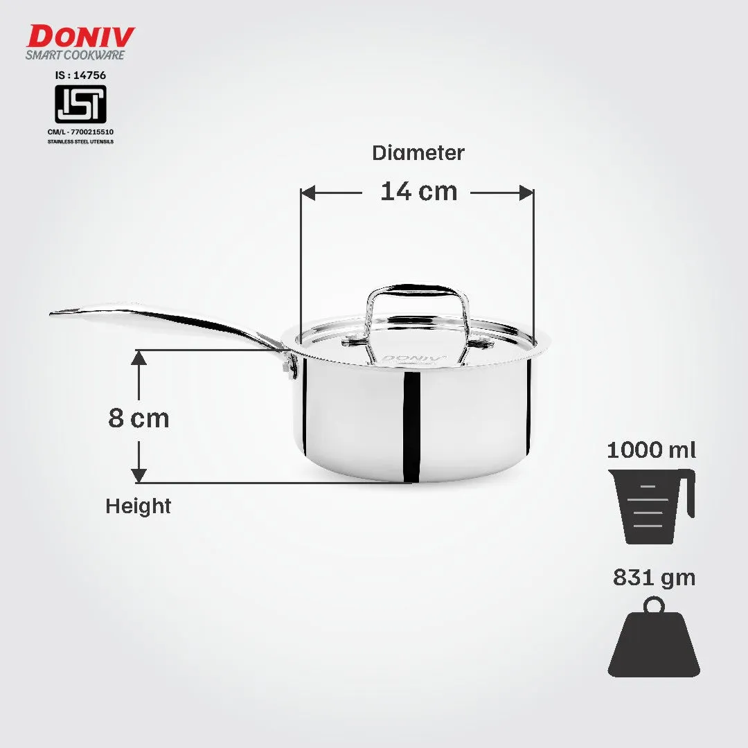 Vinod – Doniv Titanium Triply Stainless Steel Sauce Pan with Cover 14 cm, Capacity 1 Liter, Induction Friendly