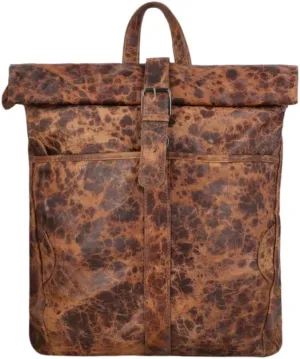 Vintage Distressed Leather Roll Top Backpack, Brown, Buckle Closure