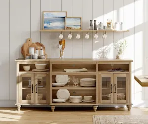 WAMAPT Buffet Cabinet with 4 Glass Doors, Large Coffee Bar Tables Wood Kitchen Storage Cabinets with 9 Storages, Modern Farmhouse Sideboard Credenza for Dining Room, Oak, 70 inch