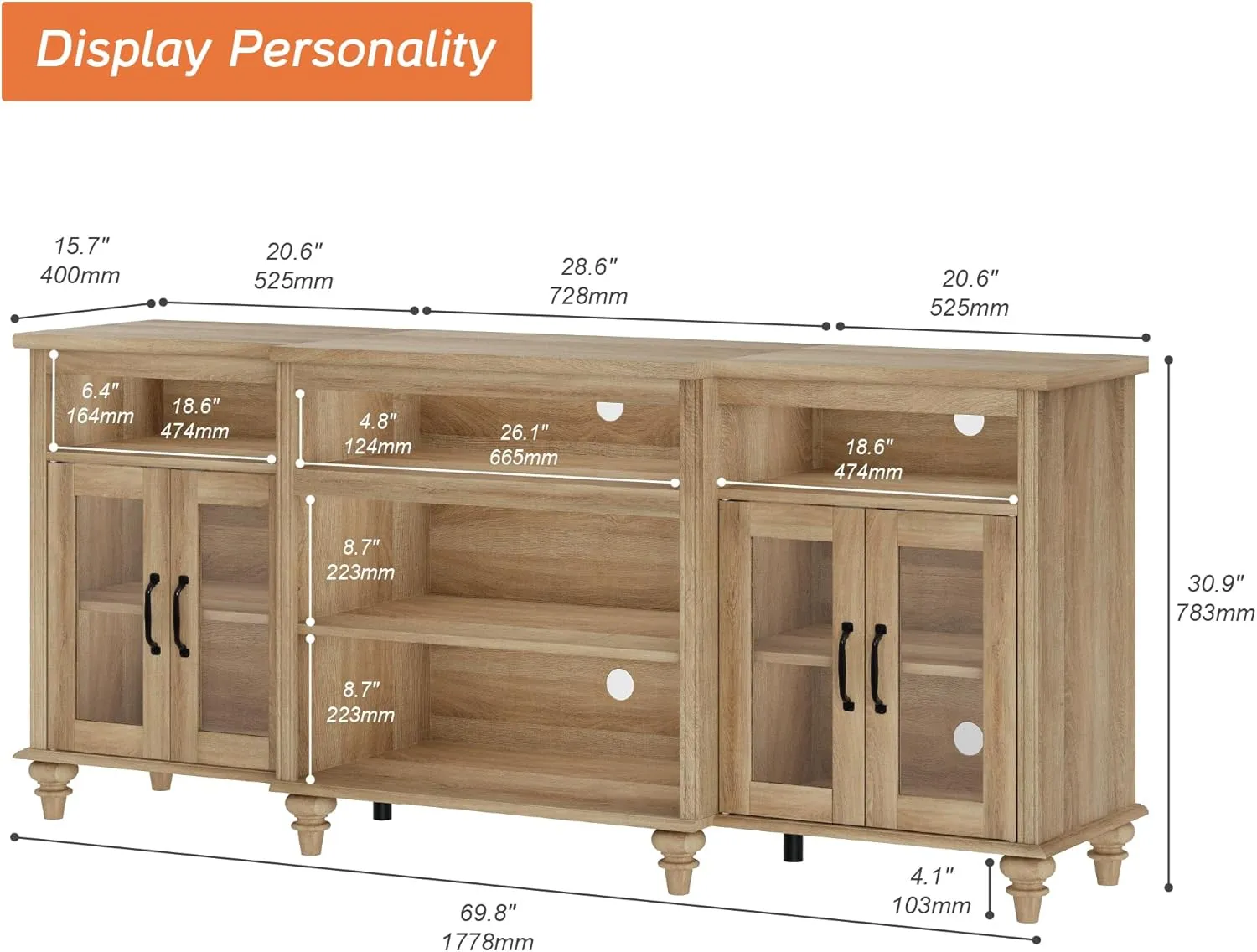 WAMAPT Buffet Cabinet with 4 Glass Doors, Large Coffee Bar Tables Wood Kitchen Storage Cabinets with 9 Storages, Modern Farmhouse Sideboard Credenza for Dining Room, Oak, 70 inch