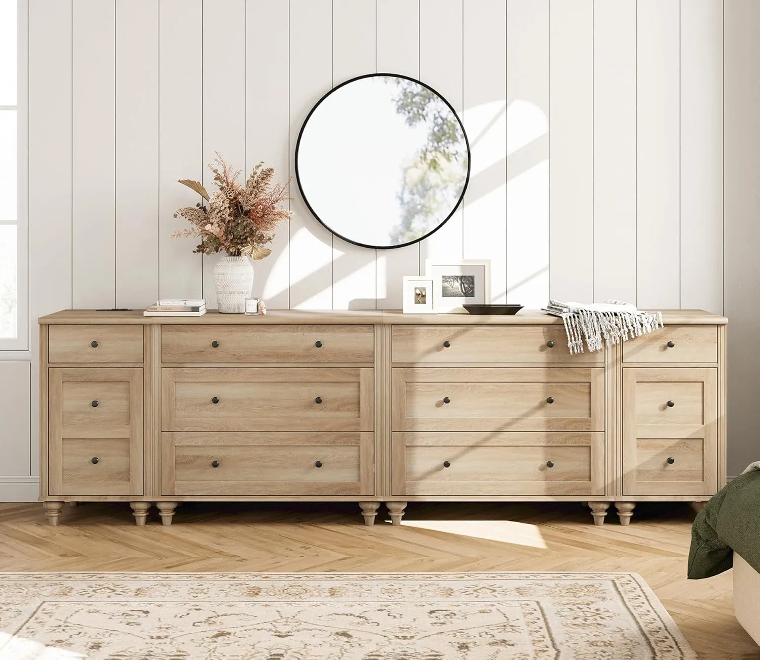 WAMPAT Dresser for Bedroom with 8 Drawers and 2 Storages, Nightstands with Charging Station for Living Room, Oak Kids Dressers with Wide 3 Chest of Drawers, for Nursery, Hallway