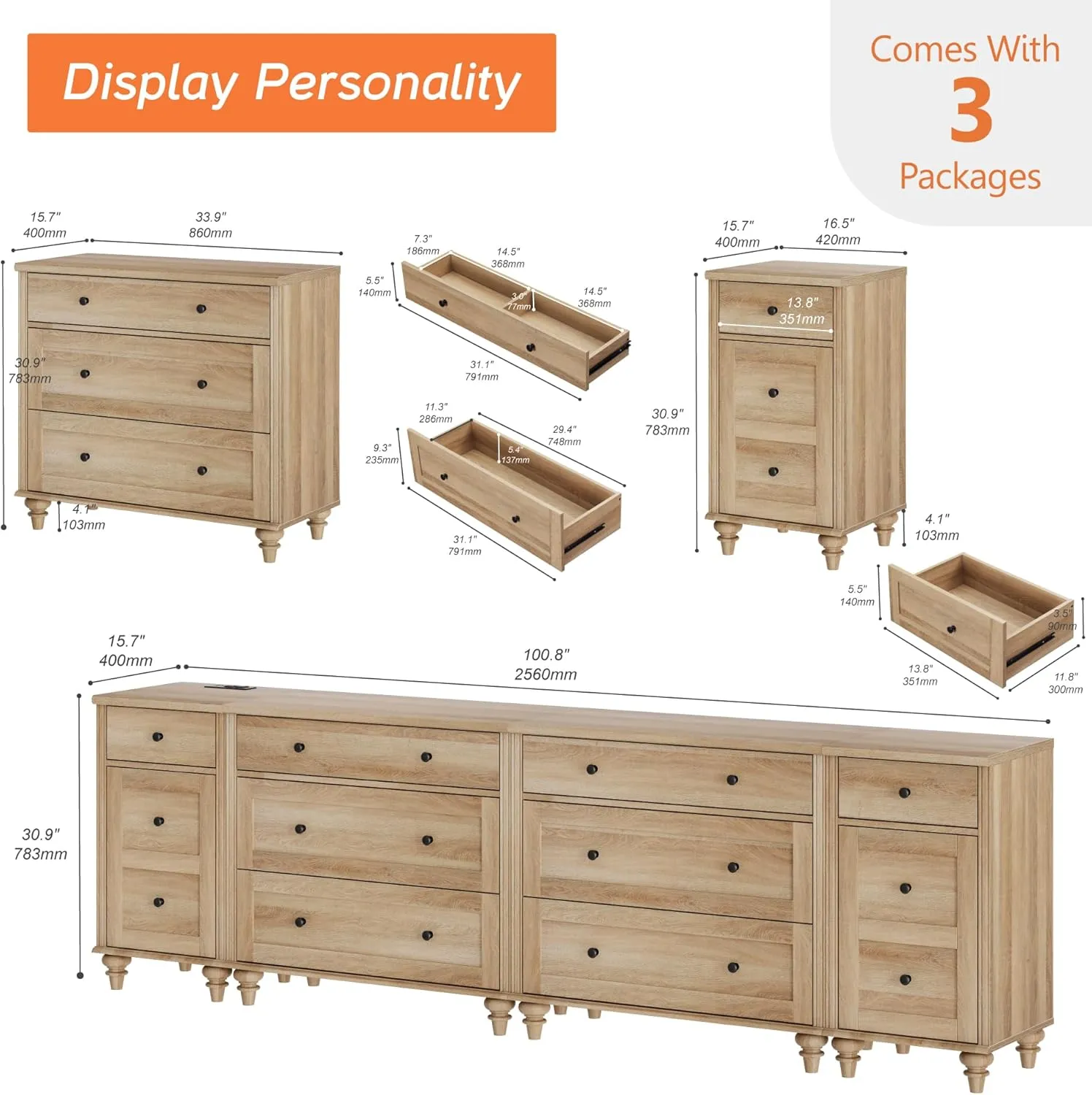 WAMPAT Dresser for Bedroom with 8 Drawers and 2 Storages, Nightstands with Charging Station for Living Room, Oak Kids Dressers with Wide 3 Chest of Drawers, for Nursery, Hallway