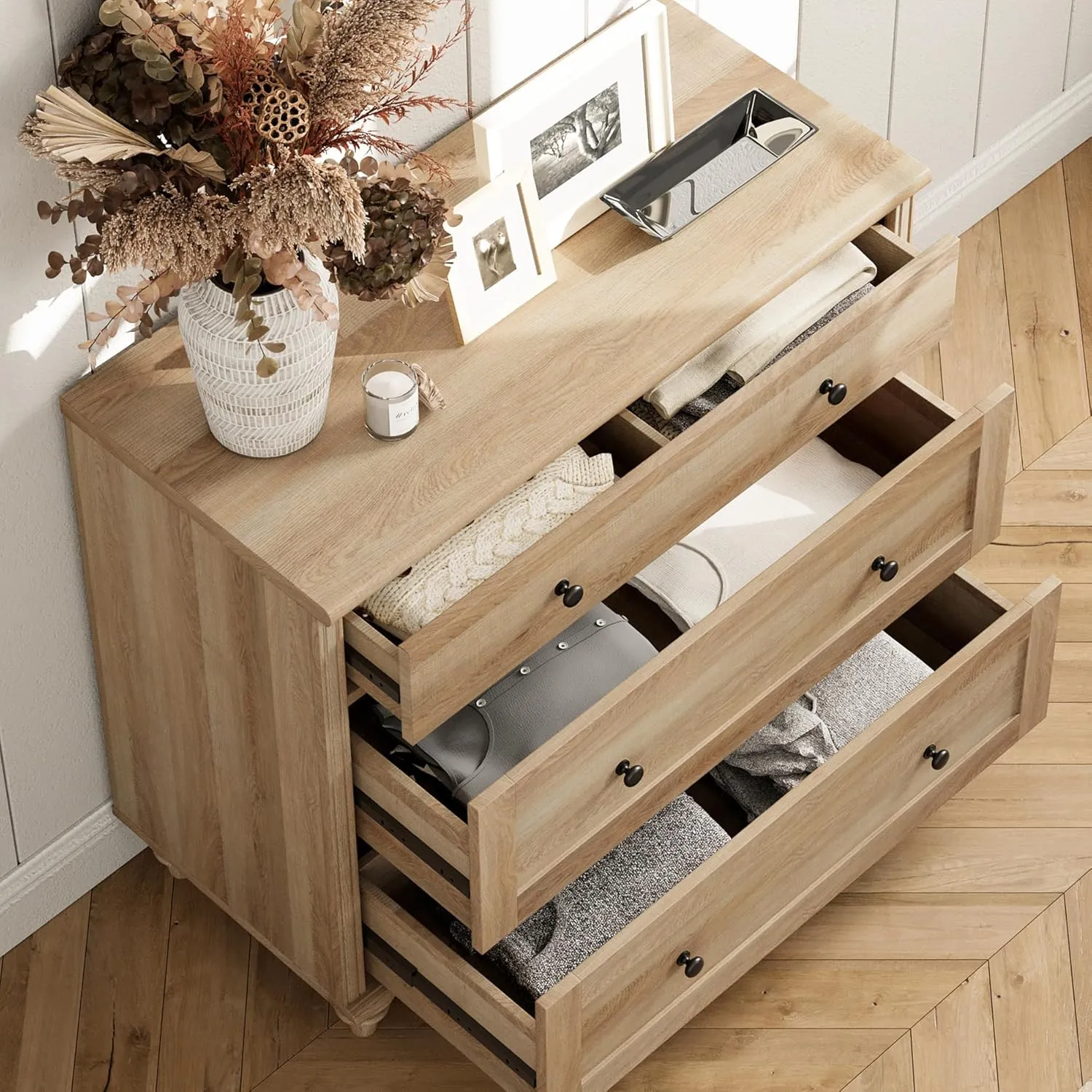 WAMPAT Dresser for Bedroom with 8 Drawers and 2 Storages, Nightstands with Charging Station for Living Room, Oak Kids Dressers with Wide 3 Chest of Drawers, for Nursery, Hallway