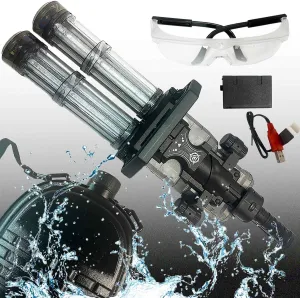 Water Gatling Gun,New Double Barrel Water Gatling Gun Can Emit Light,Rechargeable Module Battery Included, Comes Large Capacity Backpack (Double Barrel - black)