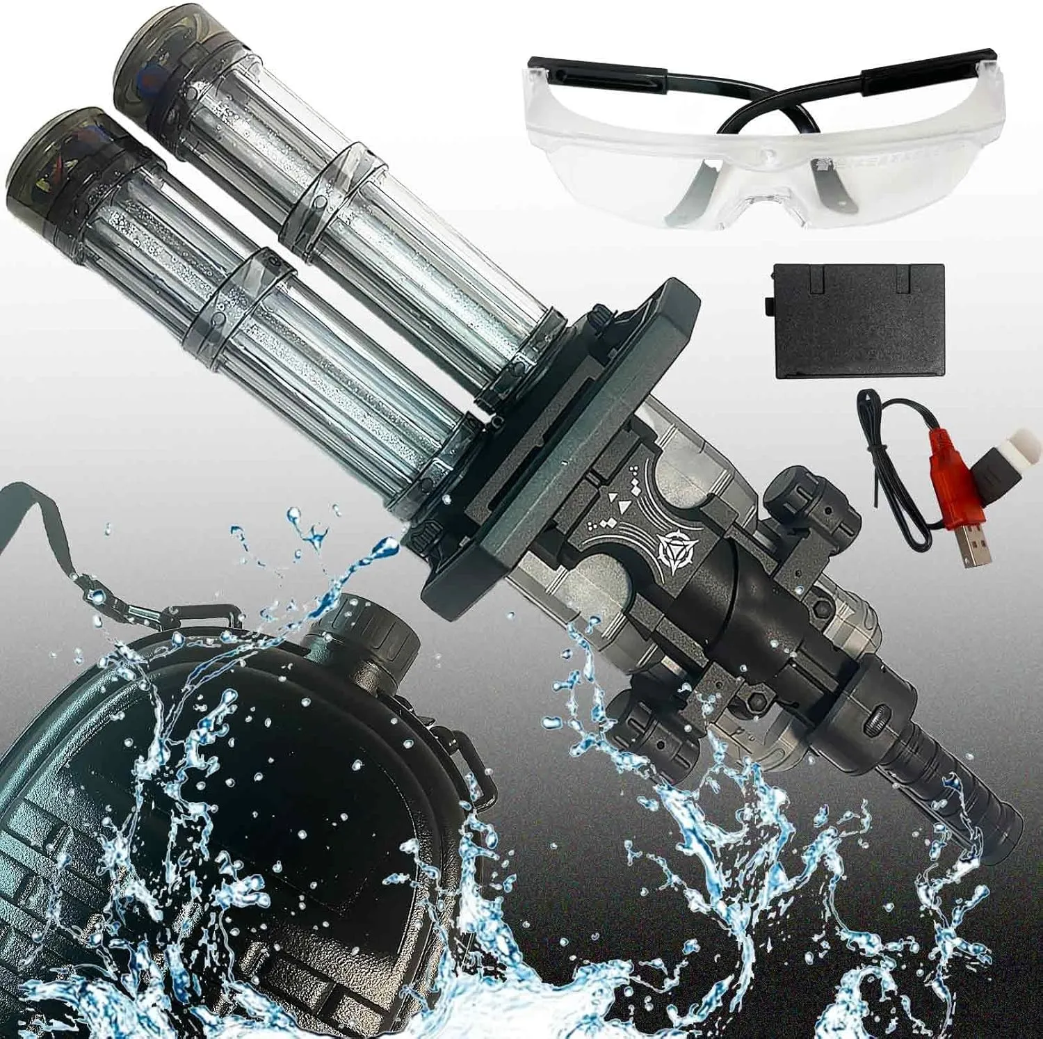 Water Gatling Gun,New Double Barrel Water Gatling Gun Can Emit Light,Rechargeable Module Battery Included, Comes Large Capacity Backpack (Double Barrel - black)